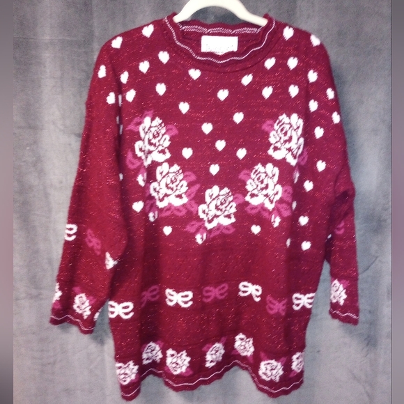 Vintage Red Sweater with Heart and Rose Pattern Size 22 P2P 25 Length 29.5 - Picture 1 of 7